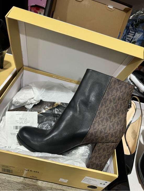 MICHAEL Michael Kors Shoes - MICHAEL Michael Kors Black Leather & Brown Logo Block Heel Ankle Boot